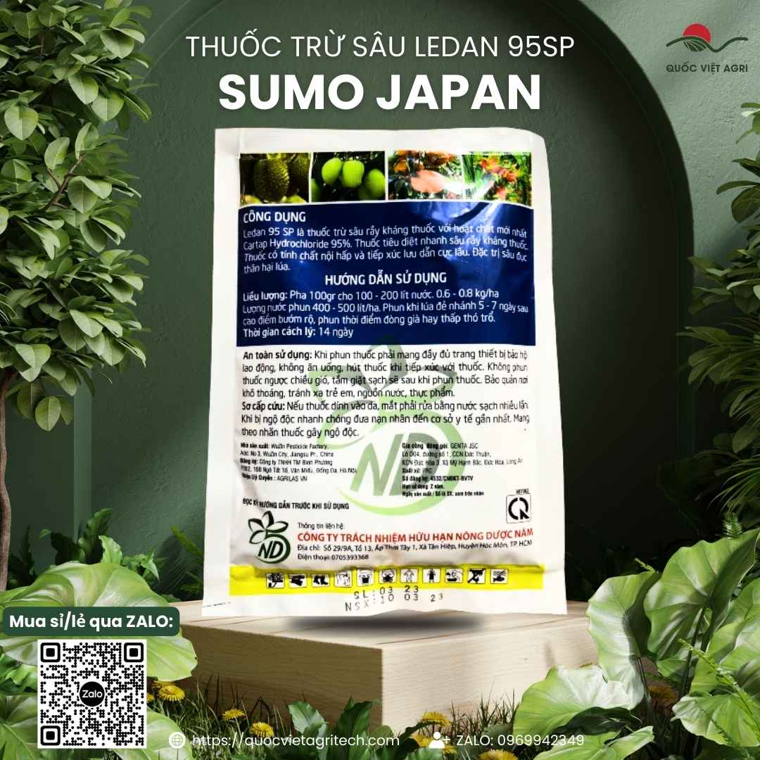 Mặt trước gói thuốc trừ sâu Ledan 95SP Sumo Japan 100g, chuyên dùng để đặc trị sâu đục thân lúa, sản phẩm chính hãng.