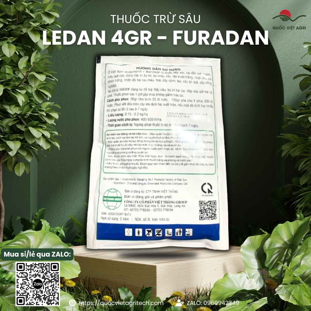 Mặt sau gói Furadan Ledan 4GR với hướng dẫn sử dụng rải gốc cho cà phê, hồ tiêu, lúa.