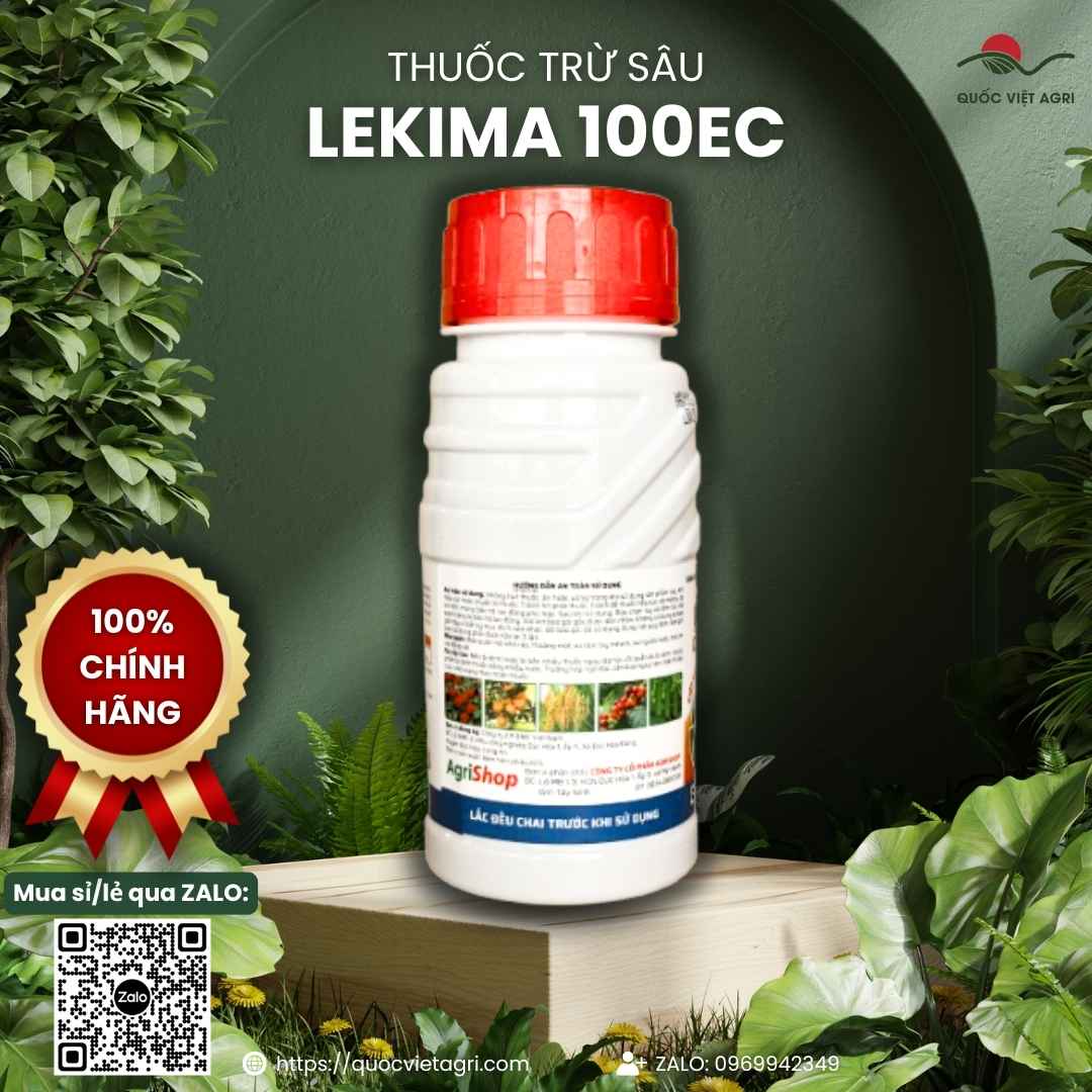 Mặt sau chai thuốc trừ sâu Lekima 100EC 240ml, chuyên dùng để trị bọ phấn trắng, rệp sáp, hoạt chất Pyriproxyfen.