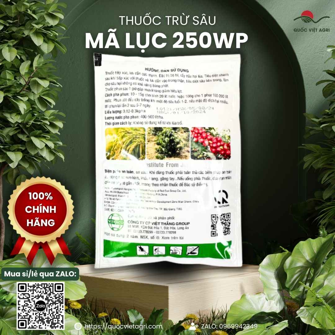 Mặt sau gói Mã Lục 250WP với hướng dẫn sử dụng cho lúa, rau màu và cơ chế tác động kép.