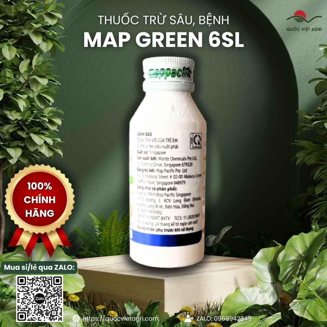 Mặt sau chai Map Green với thành phần Citrus Oil và hướng dẫn sử dụng an toàn cho rau màu.