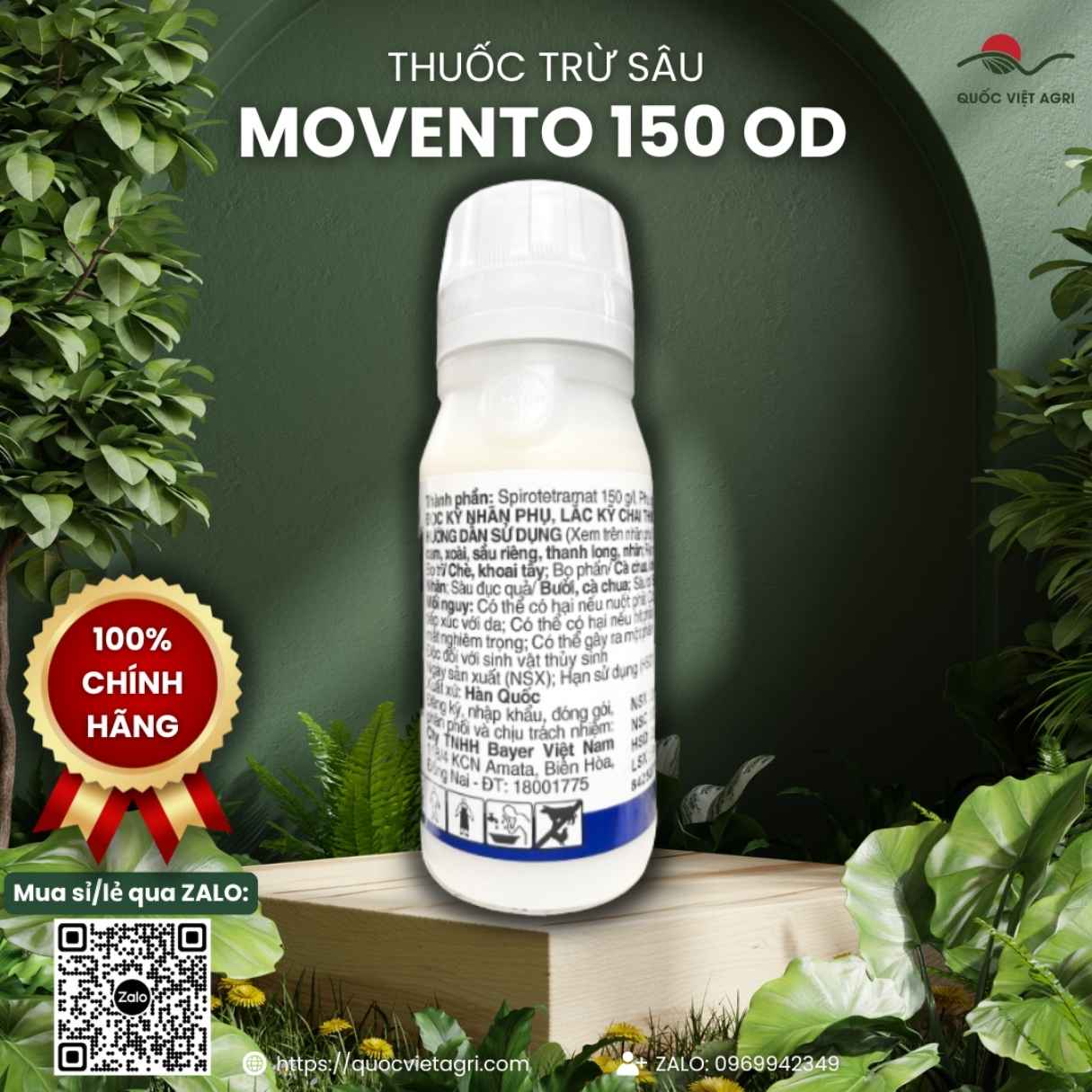 Mặt sau chai thuốc trừ sâu Movento 150 OD 100ml với thông tin thành phần Spirotetramat 150g/l và hướng dẫn sử dụng chi tiết.