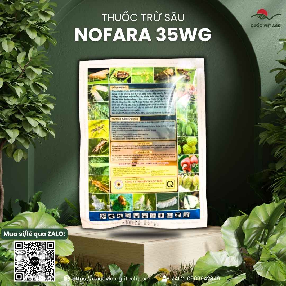 Mặt sau gói thuốc trừ sâu Nofara 35WG 50g với thông tin thành phần hoạt chất Thiamethoxam 35% và hướng dẫn sử dụng chi tiết.