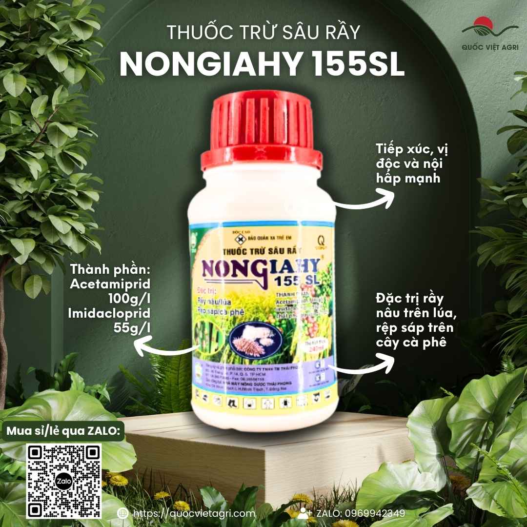 Mặt trước chai thuốc trừ sâu Nongiahy 155SL (50ml/450ml), chuyên dùng để đặc trị rầy nâu, rệp sáp, sản phẩm chính hãng.