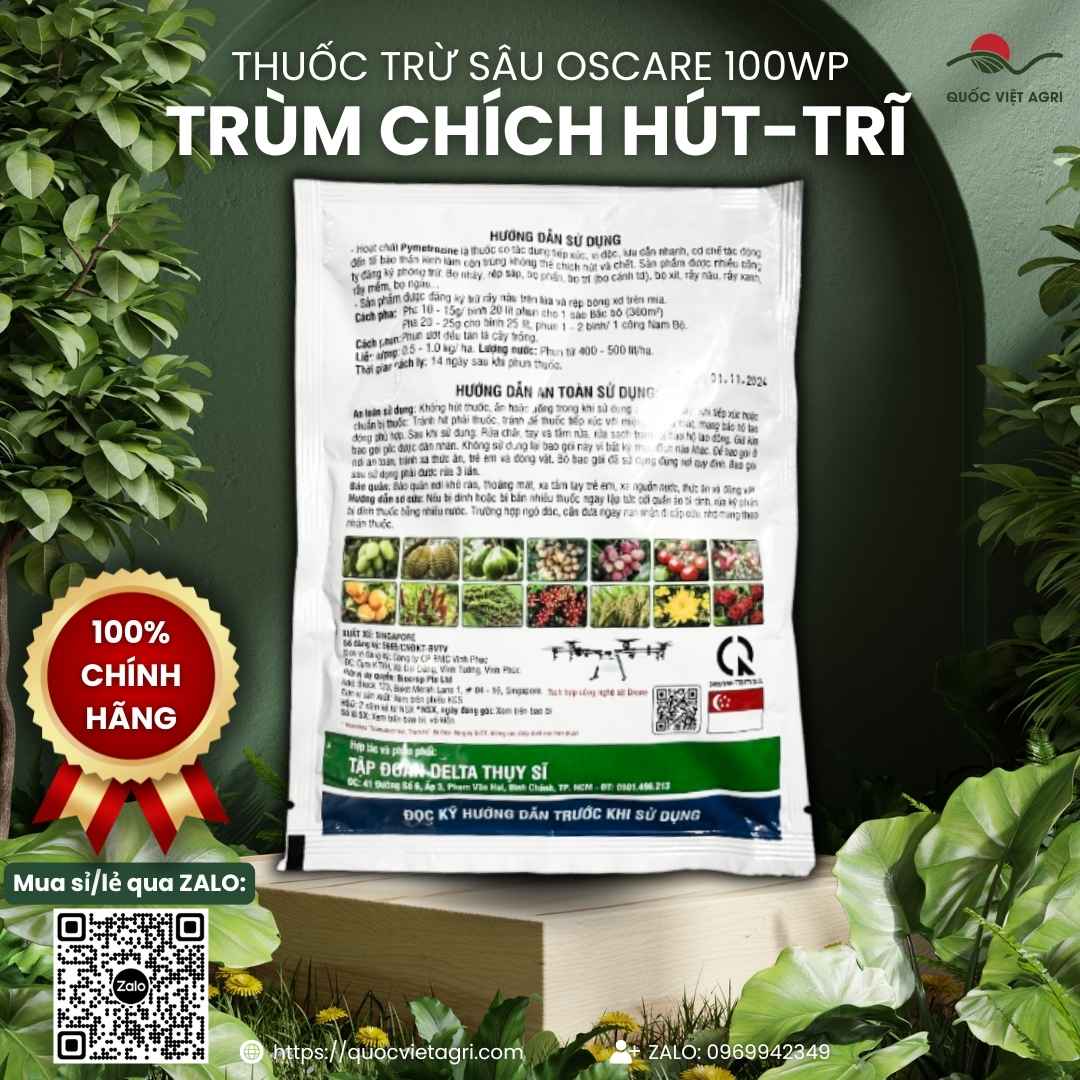 Mặt sau gói thuốc trừ sâu OSCARE 100WP (TRÙM CHÍCH HÚT) 100g, chứa hoạt chất Pymetrozine 100g/kg, đặc trị rầy rệp, bọ trĩ.