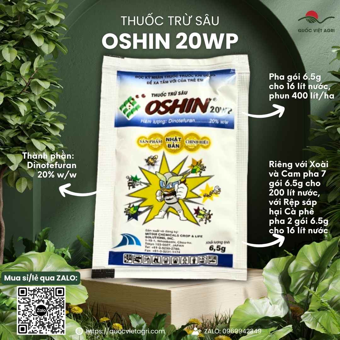 Mặt trước gói thuốc trừ sâu Oshin 20WP 10g, chuyên dùng để đặc trị rầy nâu, bọ trĩ, sản phẩm chính hãng Mitsui Nhật Bản.