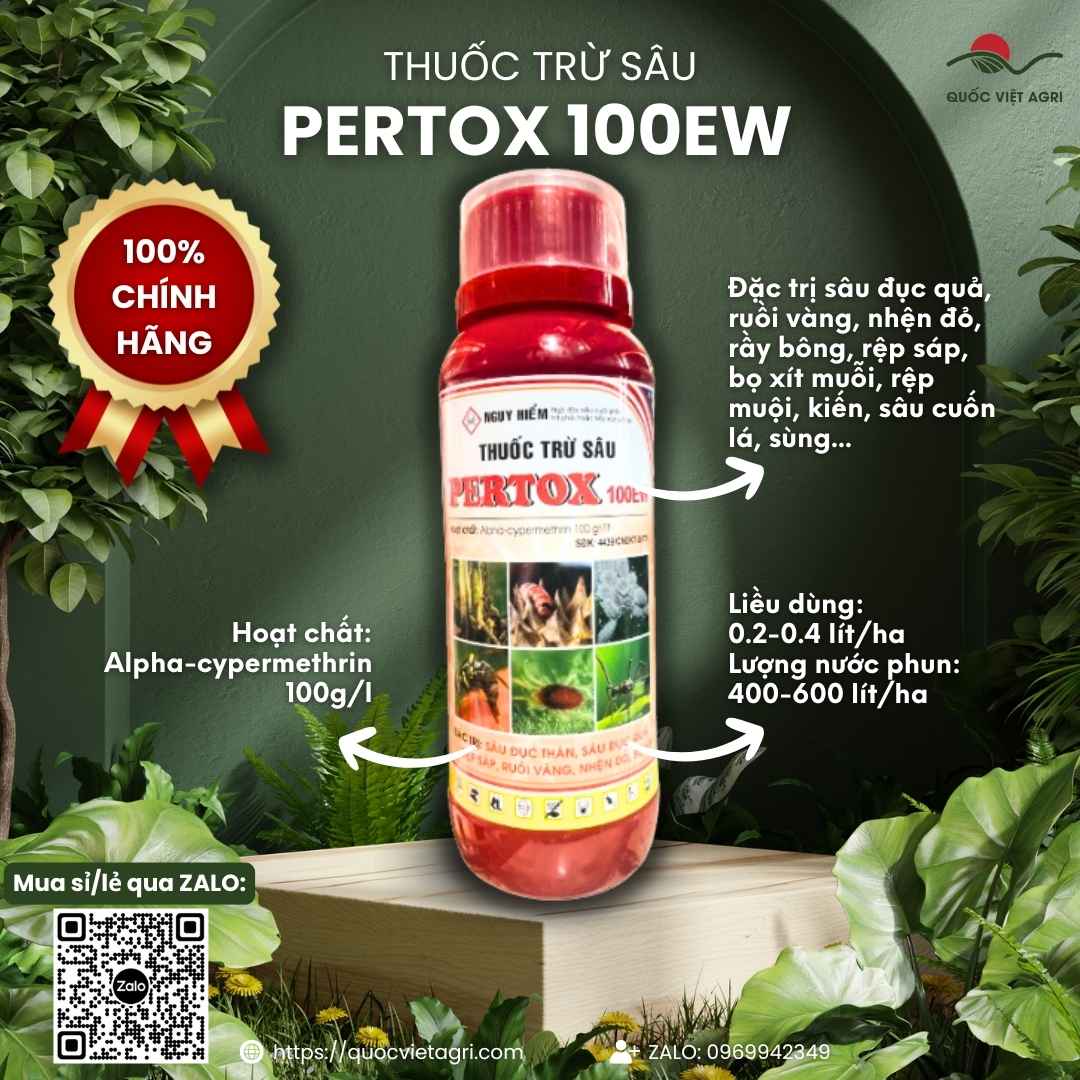 Mặt trước chai thuốc trừ sâu Pertox 100EW 450ml, chuyên dùng để đặc trị sâu đục quả, rệp sáp, sản phẩm chính hãng Ấn Độ.