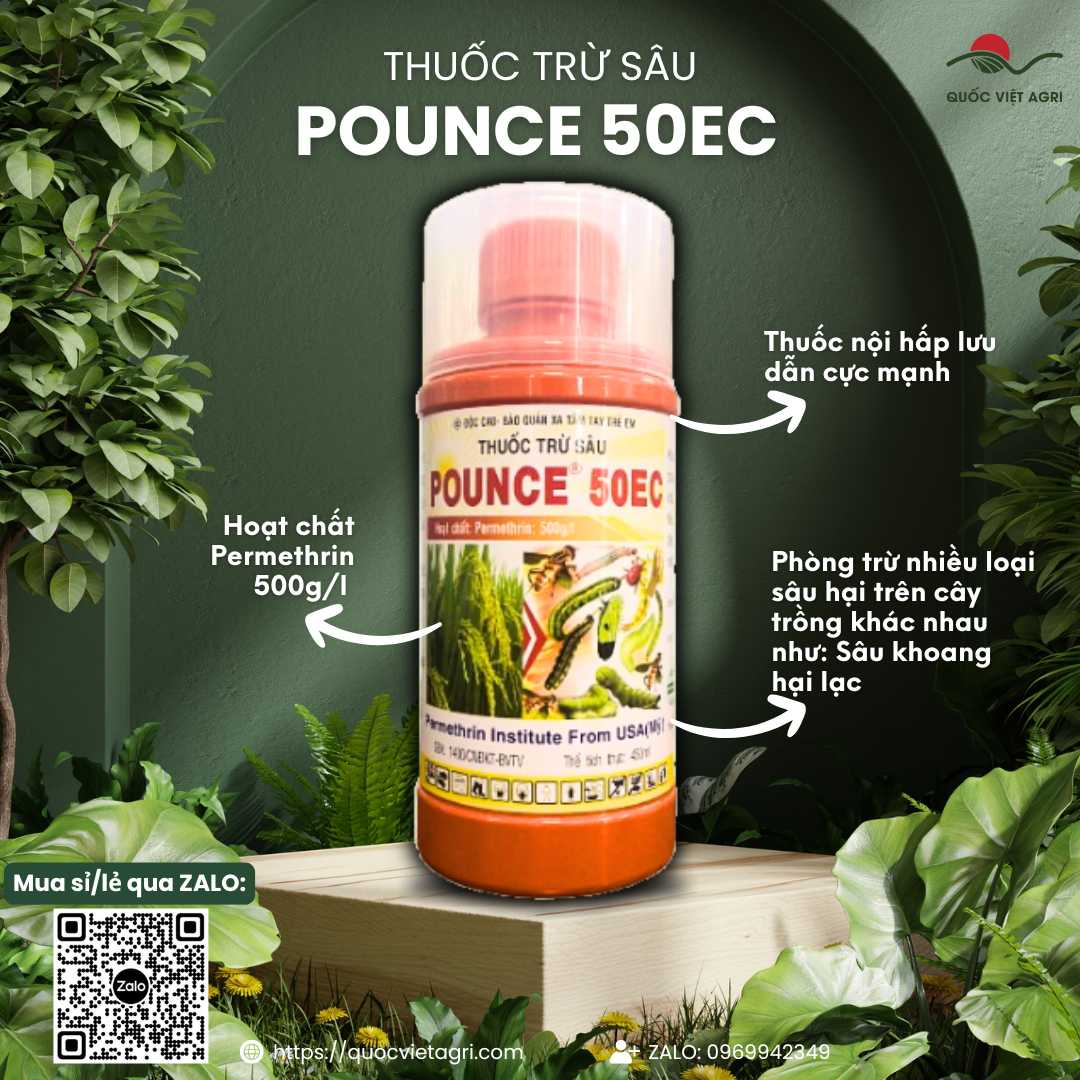 Mặt trước chai thuốc trừ sâu Pounce 50EC 450ml, chuyên dùng để đặc trị sâu khoang, bọ xít, sản phẩm chính hãng VITHACO.