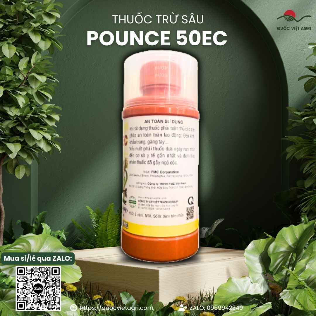 Mặt sau chai thuốc trừ sâu Pounce 50EC 450ml, chuyên dùng để đặc trị sâu khoang, bọ xít, sản phẩm chính hãng VITHACO.