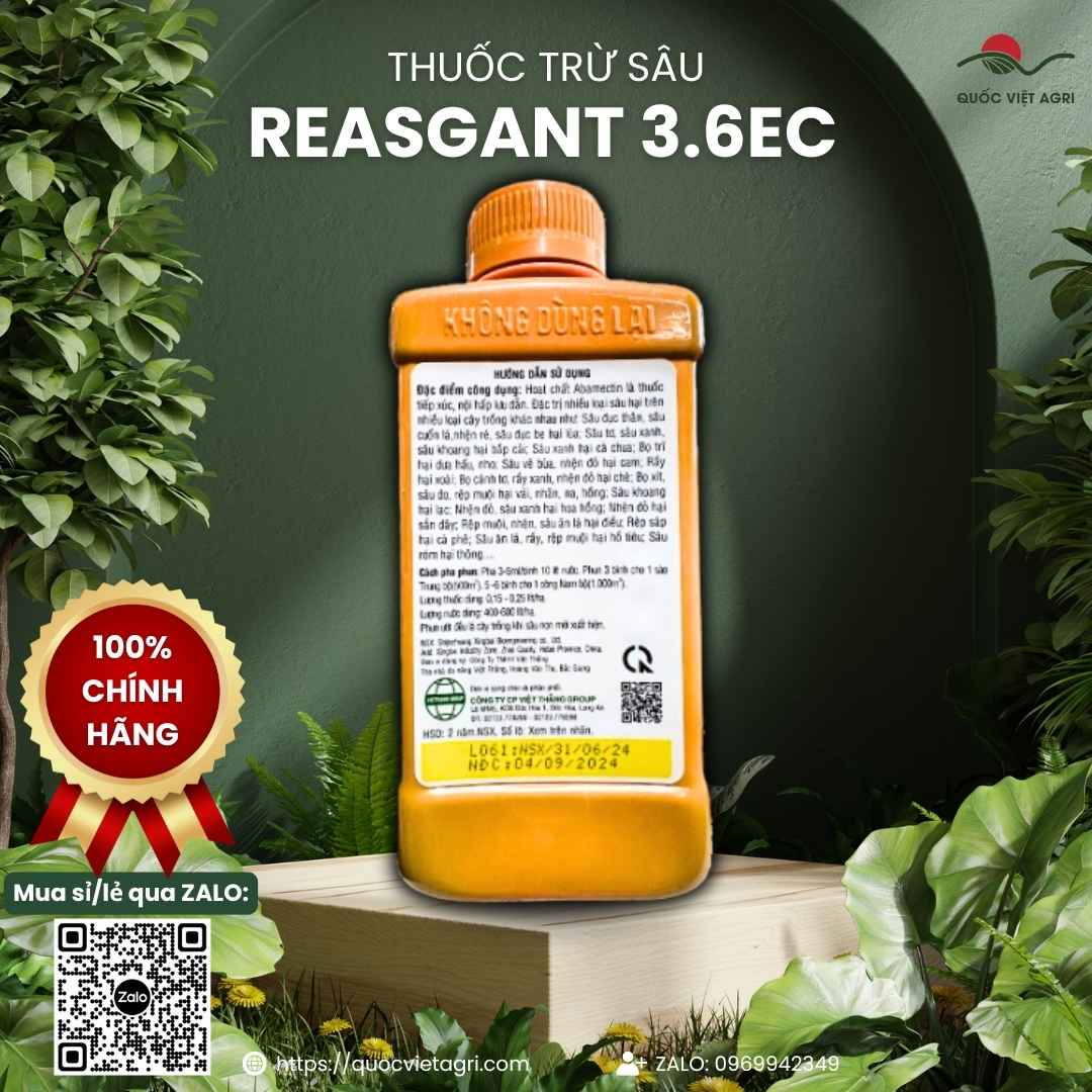 Mặt sau chai thuốc trừ sâu sinh học Reasgant 3.6EC 450ml với thông tin thành phần Abamectin và hướng dẫn sử dụng chi tiết cho lúa, rau màu, cây ăn trái.