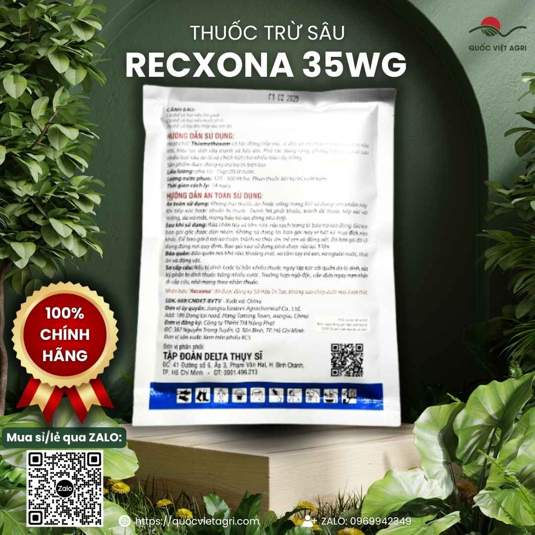Mặt sau gói Recxona 35WG với thông tin thành phần Thiamethoxam và hướng dẫn sử dụng dạng cốm tan nhanh.