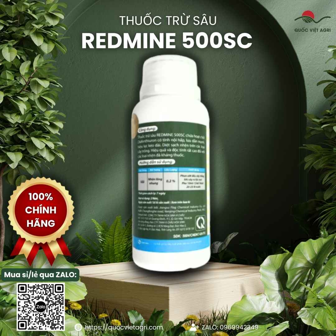Mặt sau chai thuốc trừ nhện Redmine 500SC 200ml với thông tin thành phần hoạt chất Diafenthiuron và hướng dẫn sử dụng chi tiết.