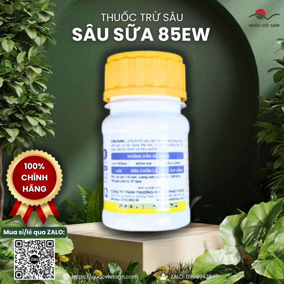 Mặt sau chai thuốc trừ sâu Sâu Sữa 85EW 100ml với thông tin 2 thành phần hoạt chất và hướng dẫn sử dụng chi tiết.