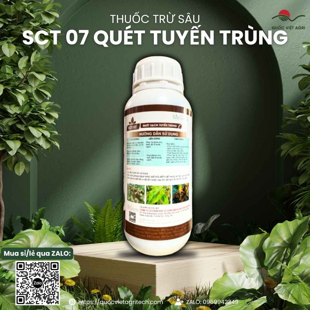 Mặt sau chai thuốc sinh học SCT 07 500ml với thông tin thành phần vi sinh và hướng dẫn tưới gốc cho cà phê, hồ tiêu, cây ăn trái.