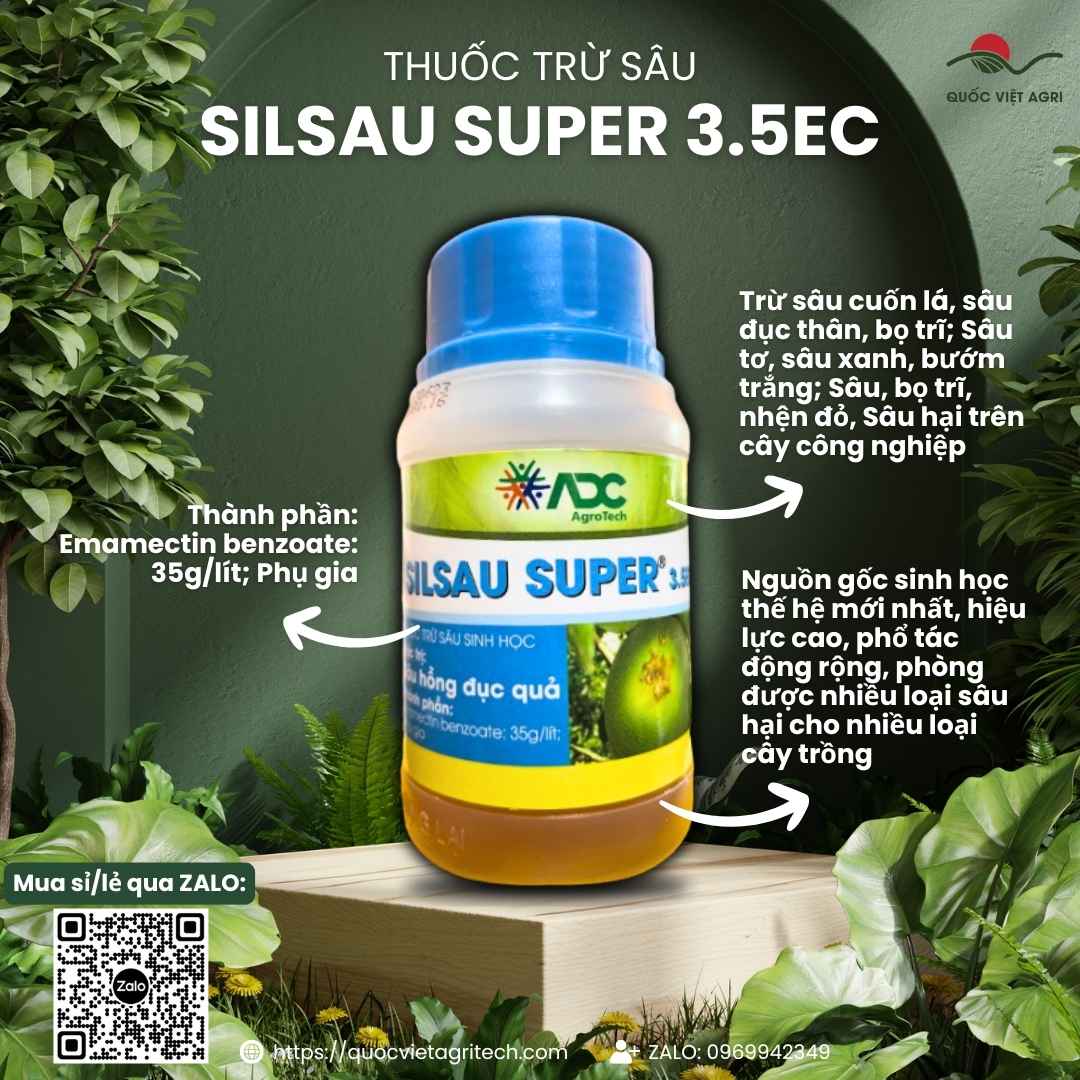 Mặt trước chai thuốc trừ sâu sinh học Silsau Super 3.5EC 100ml, chuyên dùng để đặc trị nhện đỏ, sâu cuốn lá, sản phẩm chính hãng của Quốc Việt Agri.