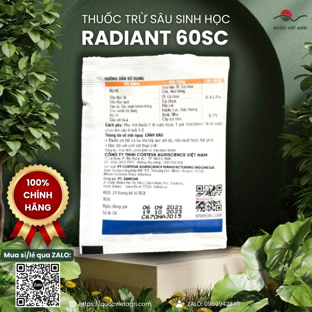 Mặt sau gói thuốc trừ sâu sinh học Radiant 60SC 15ml, chuyên dùng để đặc trị bọ trĩ, sâu tơ, sản phẩm chính hãng.