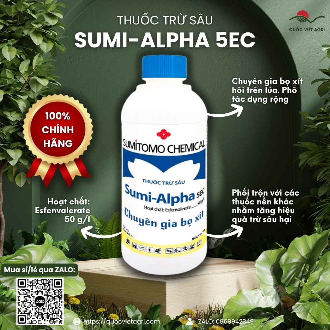 Mặt trước chai thuốc trừ sâu Sumi Alpha 5EC 450ml, chuyên dùng để đặc trị bọ xít hôi, sâu cuốn lá, sản phẩm chính hãng Sumitomo.