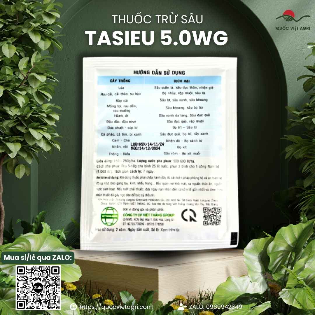 Mặt sau gói thuốc trừ sâu sinh học Tasieu 5.0WG 10g, chuyên dùng để đặc trị sâu kháng thuốc, sản phẩm chính hãng của Quốc Việt Agri.