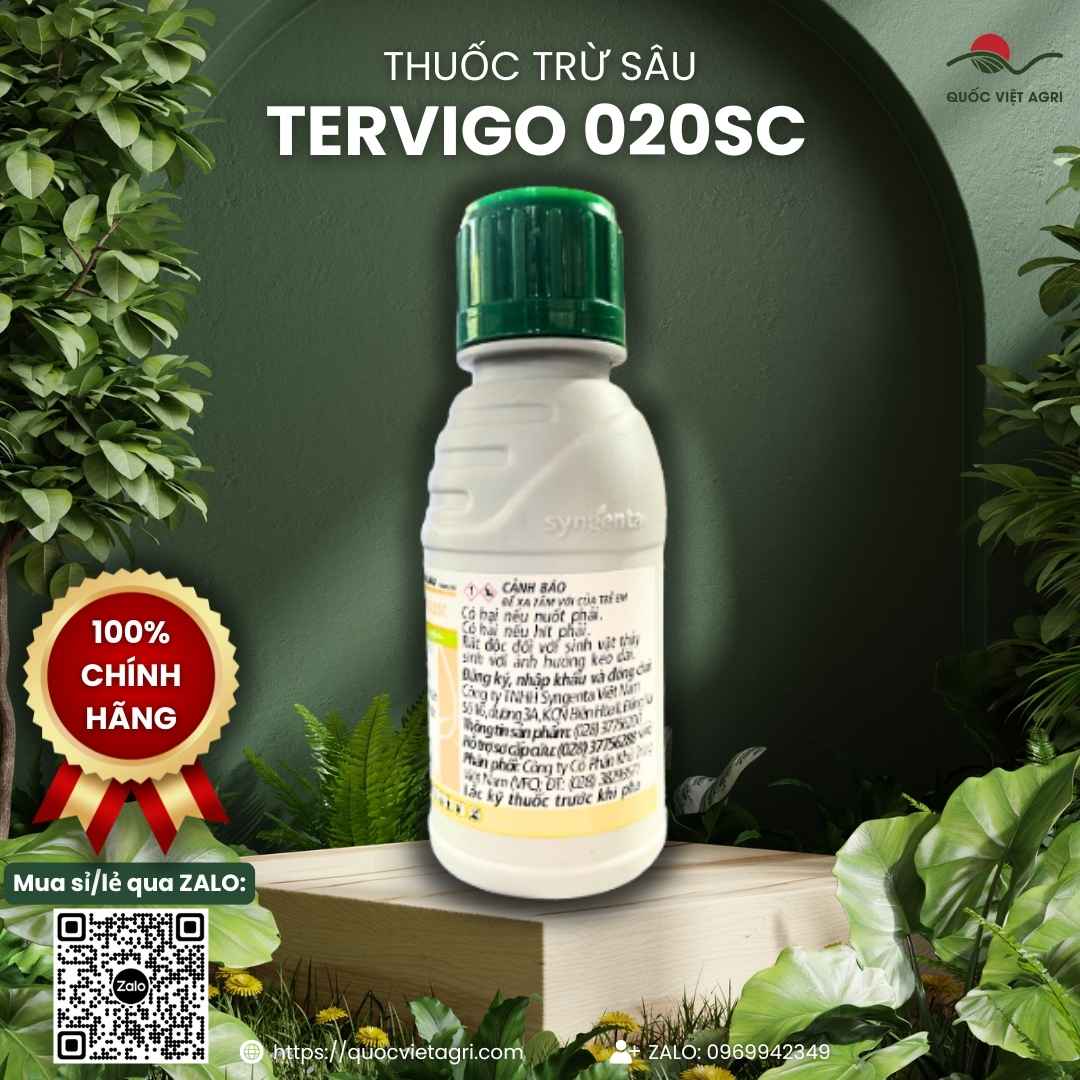 Mặt sau chai Tervigo 020SC với hướng dẫn sử dụng và thời gian cách ly cho cam, cà phê.