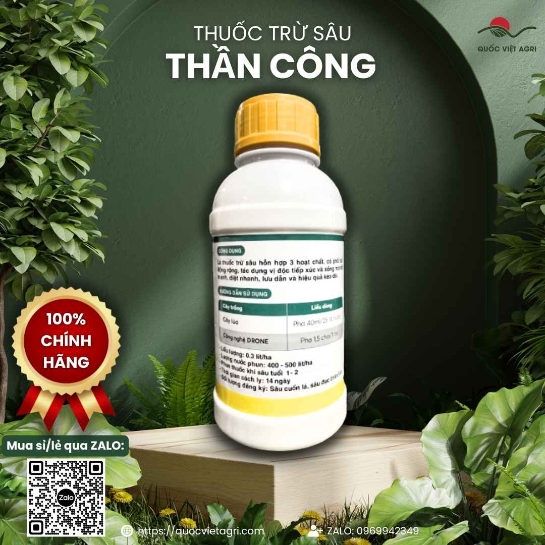 Mặt sau chai thuốc trừ sâu Thần Công Boxing 9999 480ml với thông tin thành phần Lambda-cyhalothrin, Profenofos, Phoxim và hướng dẫn sử dụng.