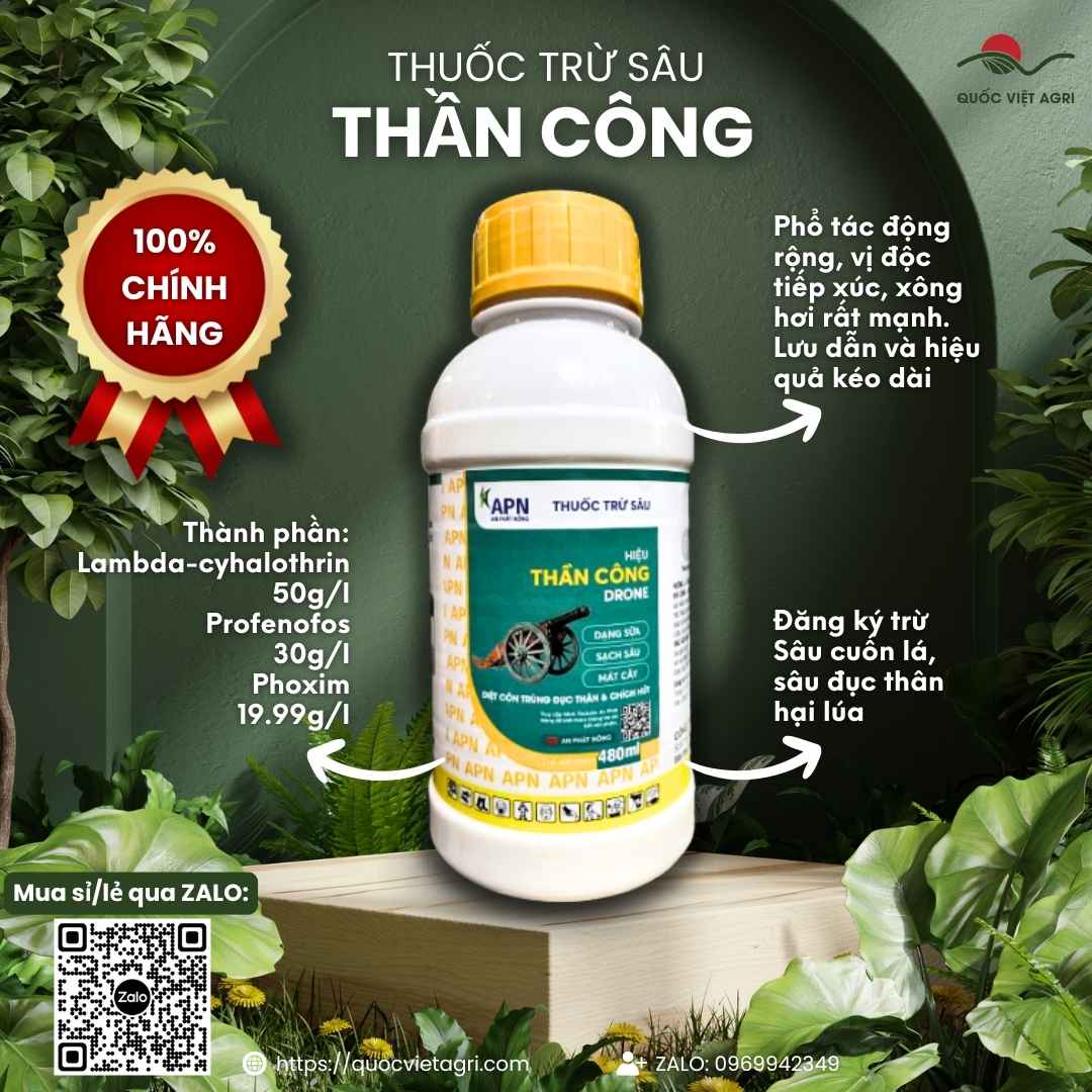 Mặt trước chai thuốc trừ sâu Thần Công Boxing 9999 480ml, chuyên dùng để đặc trị sâu cuốn lá, sâu đục thân lúa, sản phẩm chính hãng An Phát Nông.