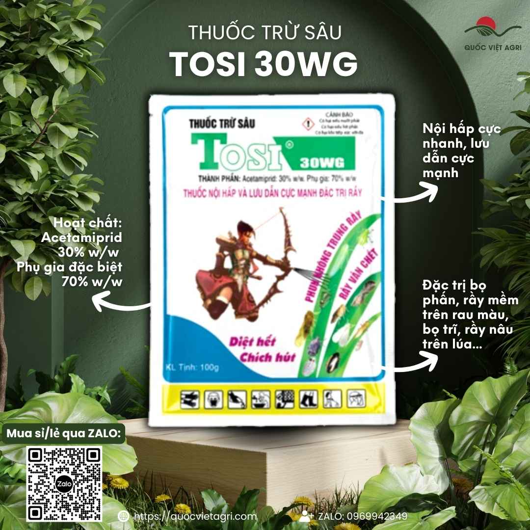 Mặt trước gói thuốc trừ sâu Tosi 30WG 100g, chuyên dùng để đặc trị bọ phấn, bọ trĩ, sản phẩm chính hãng của BMC.