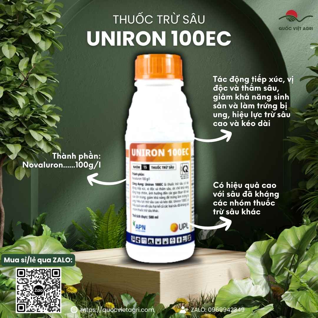 Mặt trước chai thuốc trừ sâu Uniron 100EC 500ml, chuyên dùng để trị sâu kháng thuốc, chống lột xác, sản phẩm chính hãng An Phát Nông.