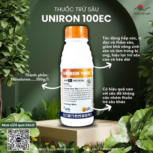 Mặt trước chai thuốc trừ sâu Uniron 100EC 500ml, chuyên dùng để trị sâu kháng thuốc, chống lột xác, sản phẩm chính hãng An Phát Nông.