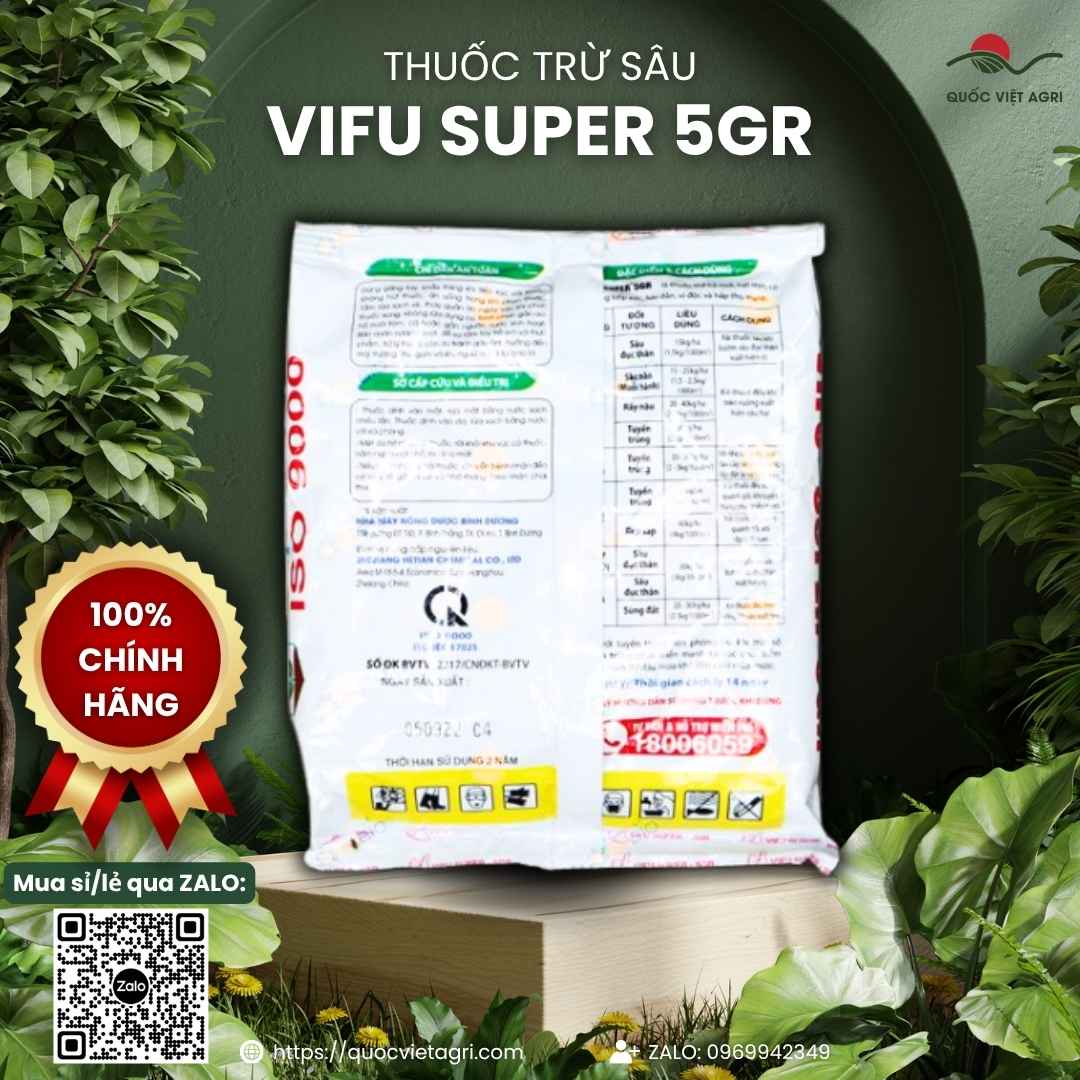 Mặt sau gói thuốc trừ sâu rải gốc Vifu Super 5GR 1kg với thông tin thành phần hoạt chất Carbosulfan và hướng dẫn sử dụng chi tiết.