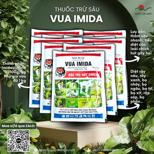 Mặt trước gói thuốc trừ sâu VUA IMIDA 100g, chứa hoạt chất Imidacloprid 100g/kg, chuyên trị rầy nâu, rầy xanh, bọ trĩ.