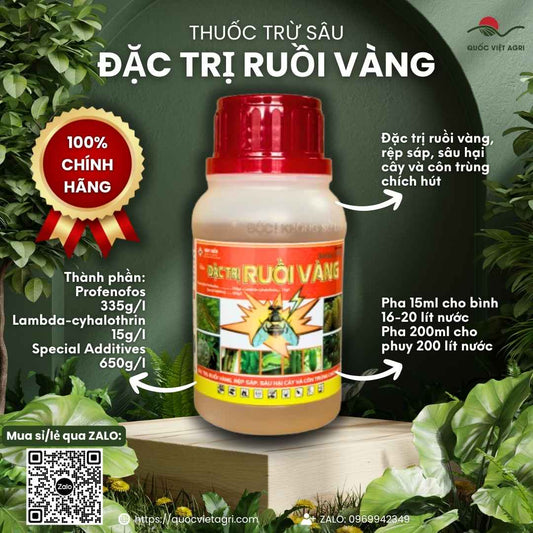 Mặt trước chai thuốc trừ sâu Wofatac 350EC 200ml, chuyên dùng để đặc trị ruồi vàng, rệp sáp, sản phẩm chính hãng.