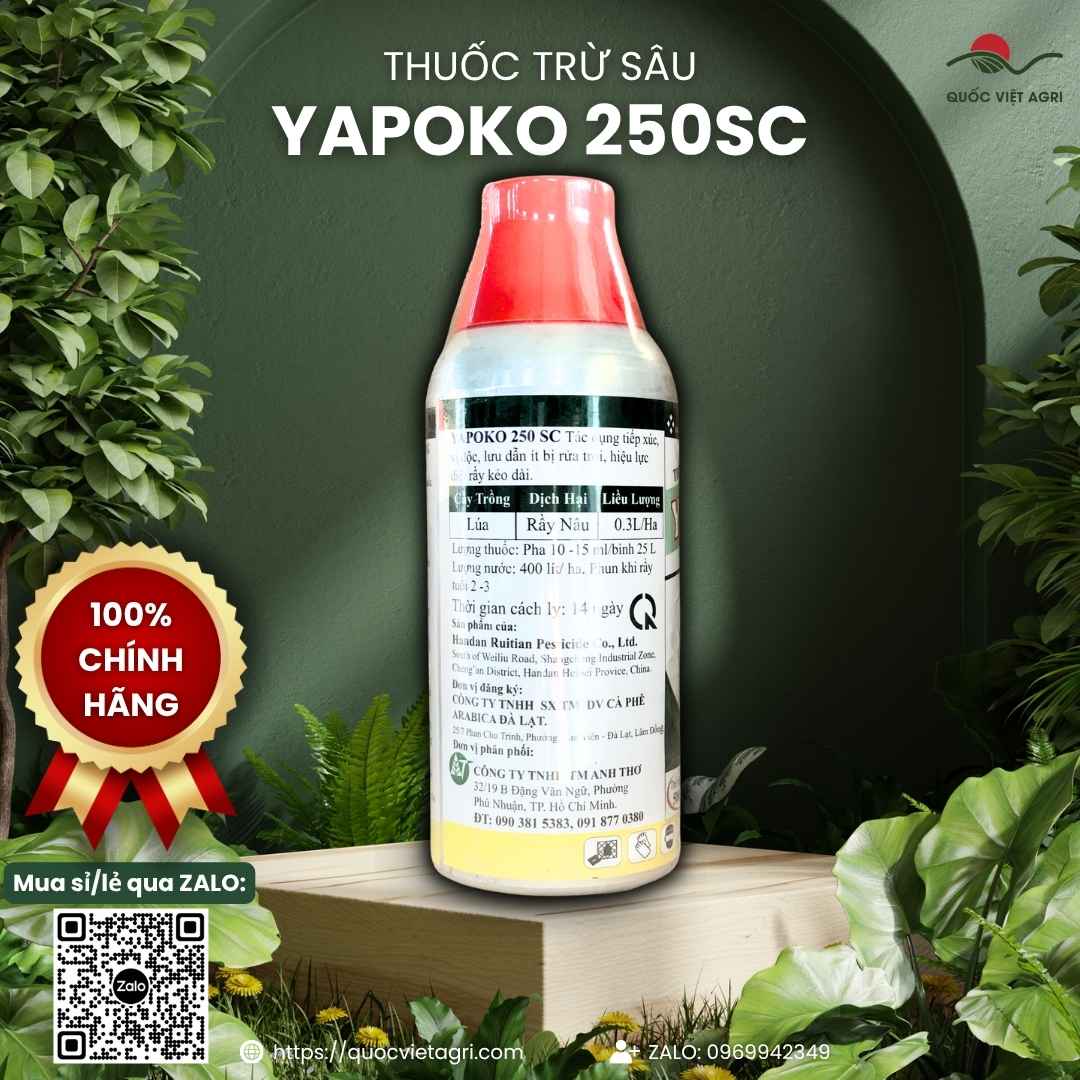 Mặt sau chai thuốc trừ sâu Yapoko 250SC 480ml với thông tin thành phần Lambda-cyhalothrin, Thiamethoxam và hướng dẫn sử dụng.