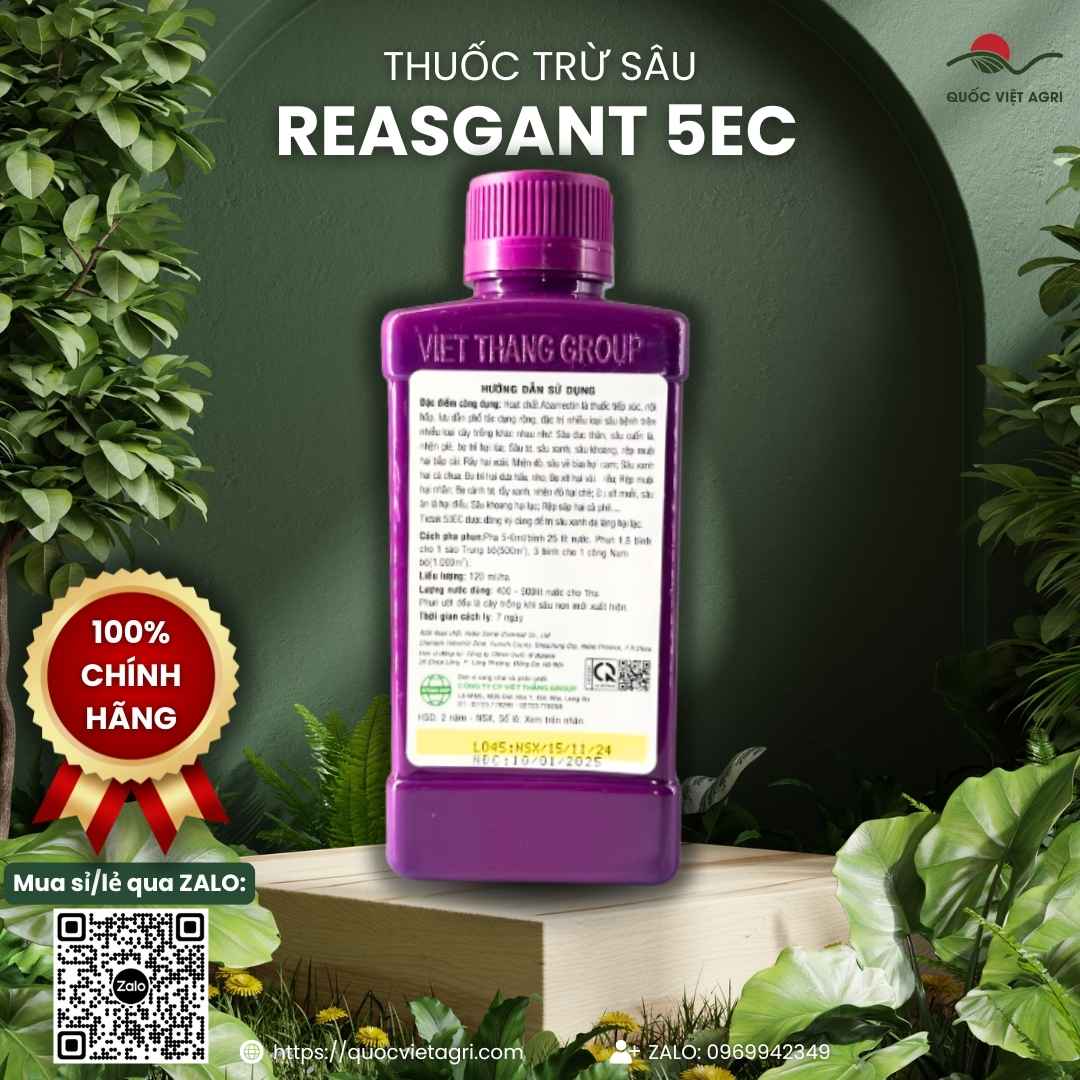 Mặt sau chai thuốc trừ sâu sinh học Reasgant 5EC 450ml với thông tin thành phần hoạt chất Abamectin 5% và hướng dẫn sử dụng chi tiết.