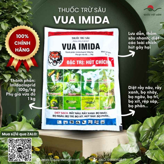 Mặt trước gói thuốc trừ sâu VUA IMIDA 100g, chứa hoạt chất Imidacloprid 100g/kg, chuyên trị rầy nâu, rầy xanh, bọ trĩ.
