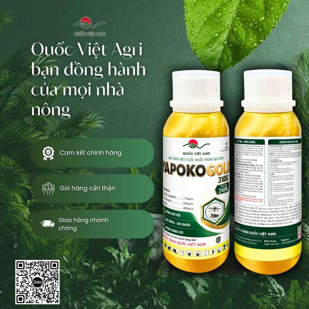 Ảnh toàn diện chai Yapoko Gold hiển thị hoạt chất Lambda-cyhalothrin và Thiamethoxam.