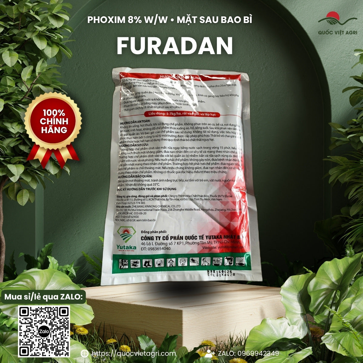 Mặt sau gói Yutaka Furadan 900 g – hướng dẫn sử dụng, an toàn, sơ cứu và bảo quản, sản phẩm chính hãng của Quốc Việt Agri