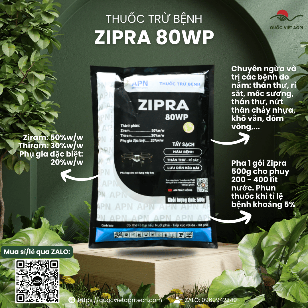Gói thuốc ZIPRA 80WP 500g – mặt trước in rõ thành phần và thương hiệu
