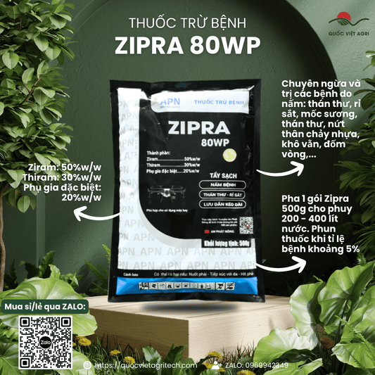 Gói thuốc ZIPRA 80WP 500g – mặt trước in rõ thành phần và thương hiệu