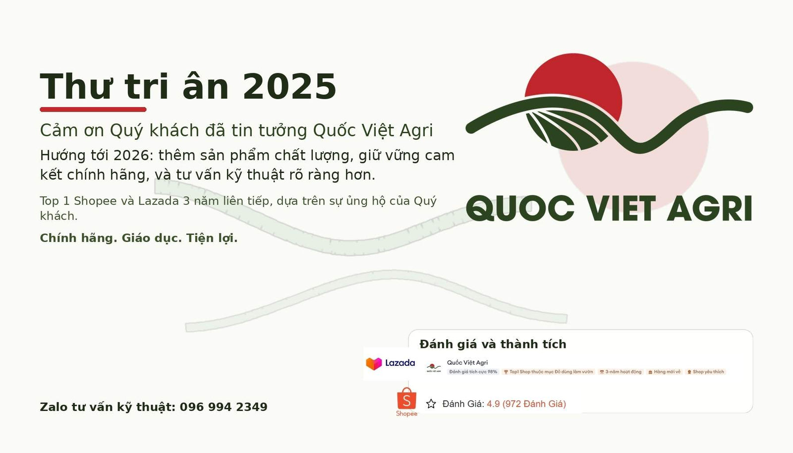 thư tri ân khách hàng đã đồng hành cùng quốc việt agri trong năm 2025, và năm 2026. Để quốc việt agri giữ vữn ổn định sẽ là nhà bán hàng số 1 trên các sàn thương mại điện tử