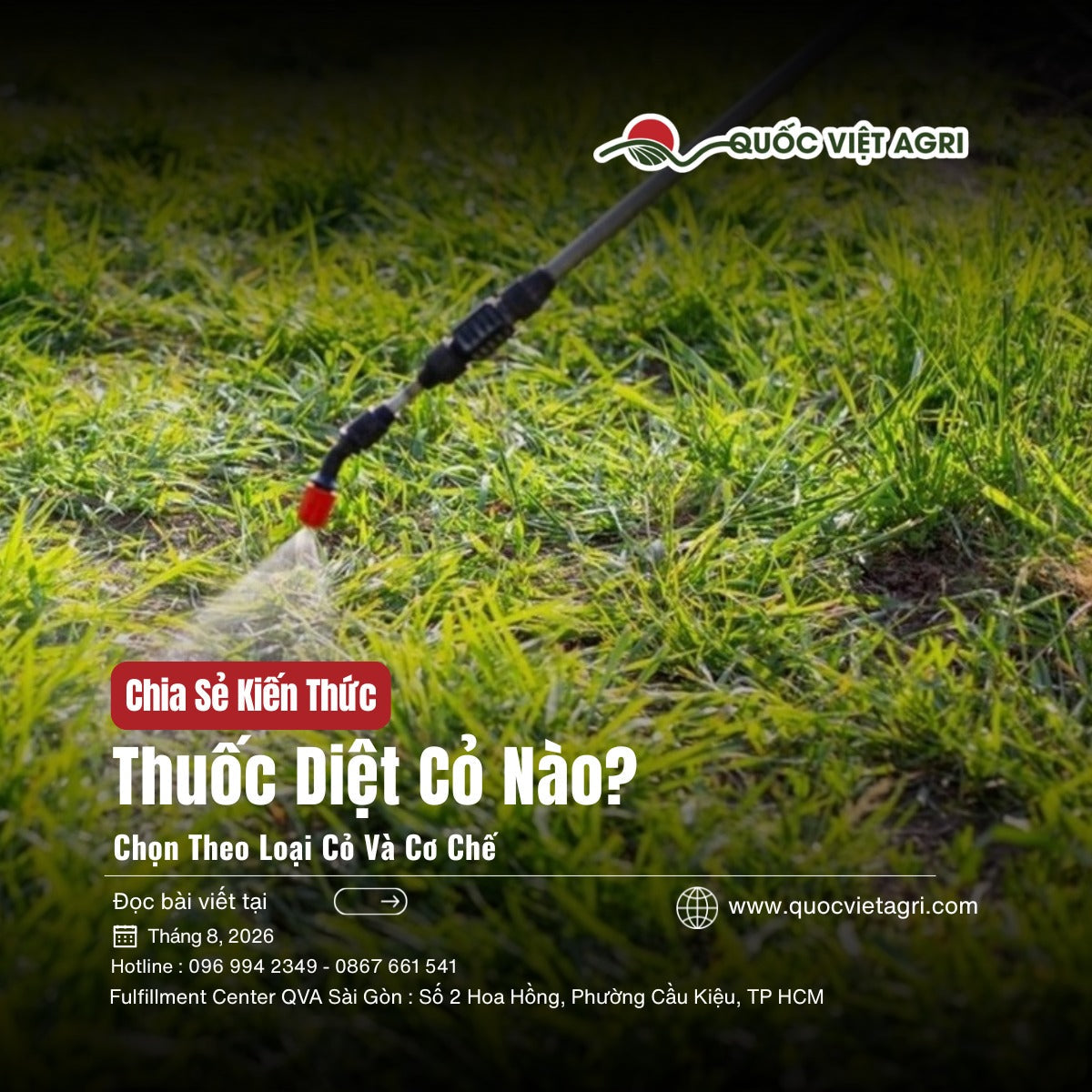 Cần phun đang phun thuốc trừ cỏ thành màn sương mịn xuống thảm cỏ xanh dày — ảnh bìa bài chọn thuốc diệt cỏ theo loại cỏ và cơ chế.
