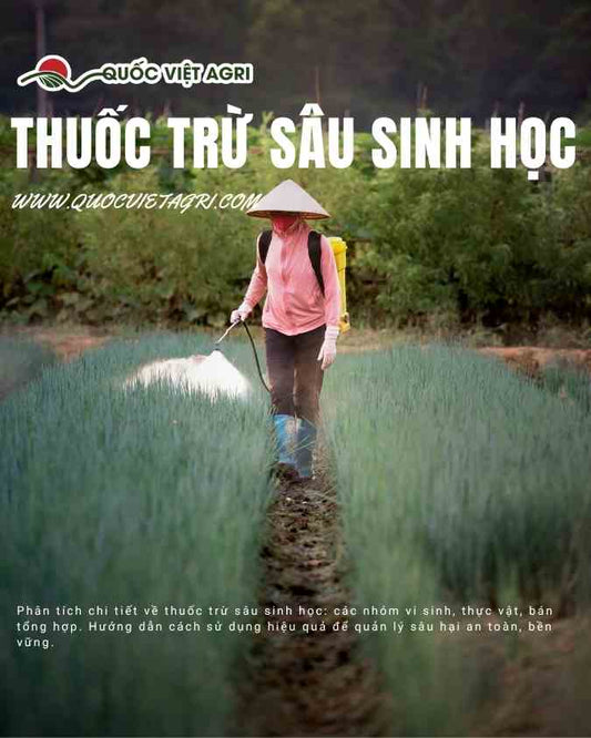Ảnh bìa của Quốc Việt Agri về chủ đề thuốc trừ sâu sinh học, minh họa một nông dân trang bị bảo hộ đang phun thuốc an toàn trên ruộng hành lá xanh tốt.
