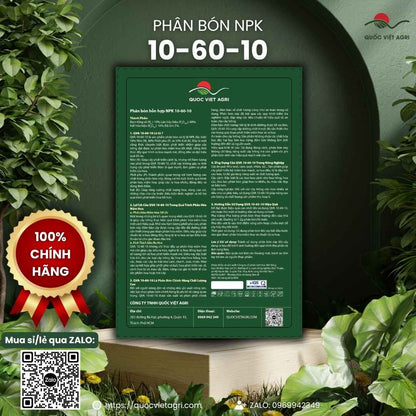 Mặt sau gói phân bón lá Siêu Tạo Mầm 10-60-10 1kg với thông tin thành phần NPK 10-60-10 và hướng dẫn sử dụng chi tiết.