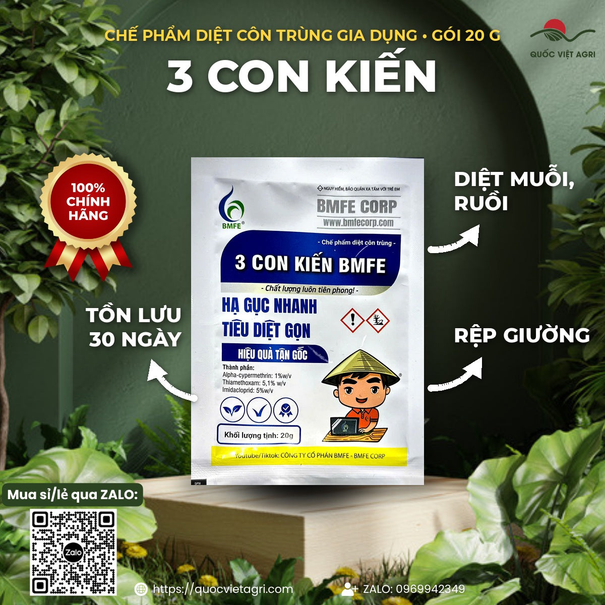 Gói chế phẩm diệt côn trùng 3 Con Kiến 20g mặt trước của Quốc Việt Agri