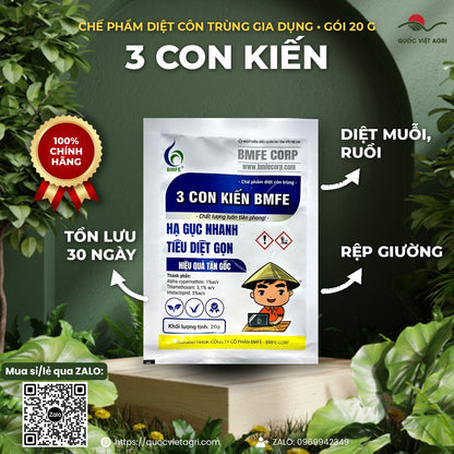 Gói chế phẩm diệt côn trùng 3 Con Kiến 20g mặt trước của Quốc Việt Agri