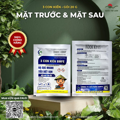 Mặt trước và mặt sau gói 3 Con Kiến 20g, số đăng ký VNDP-HC-347-05-20