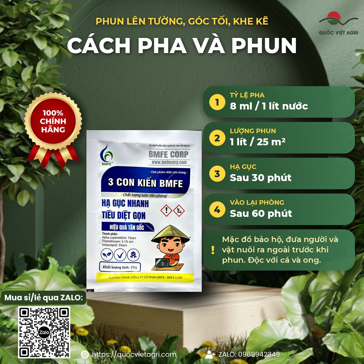 Cách pha 3 Con Kiến: 8 ml cho 1 lít nước, 1 lít phun 25 m², hạ gục sau 30 phút