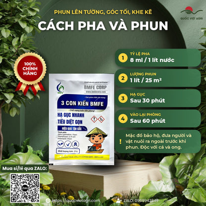 Cách pha 3 Con Kiến: 8 ml cho 1 lít nước, 1 lít phun 25 m², hạ gục sau 30 phút