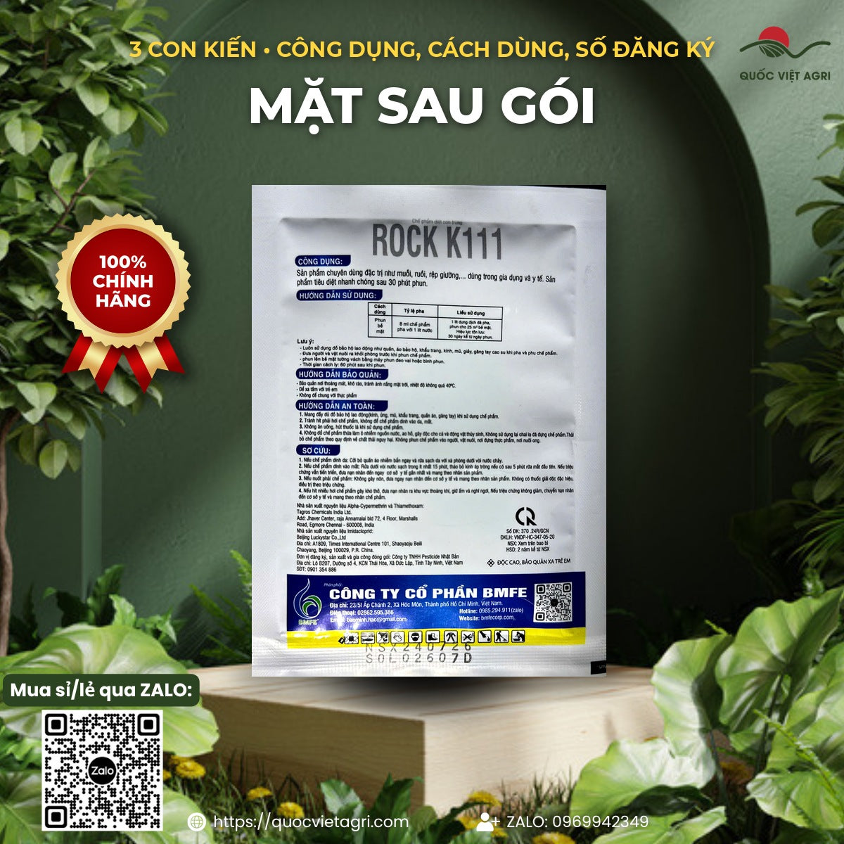 Mặt sau gói 3 Con Kiến 20g: công dụng, cách pha, lưu ý khi phun