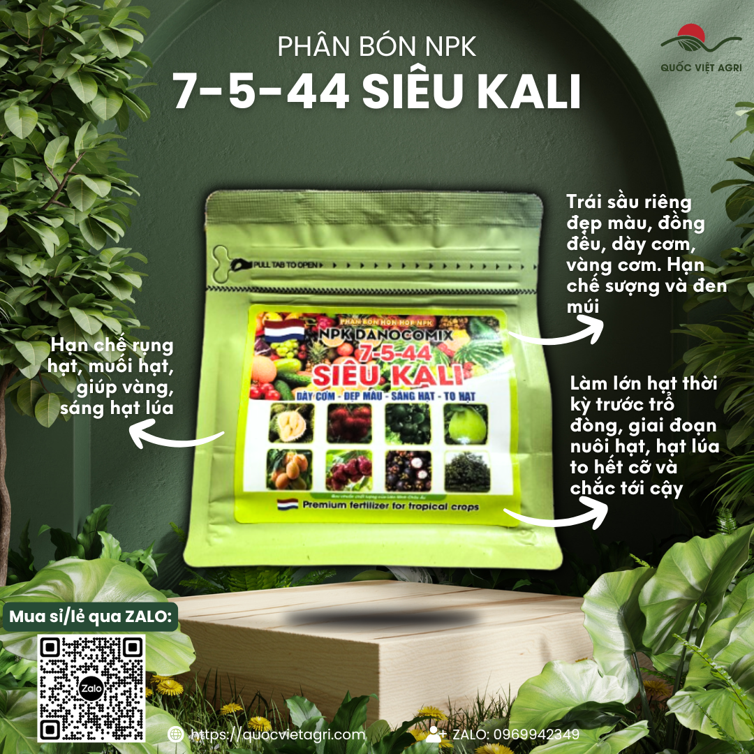 Gói NPK 7-5-44 SIÊU KALI 250g – mặt trước in rõ thông tin Kali cao