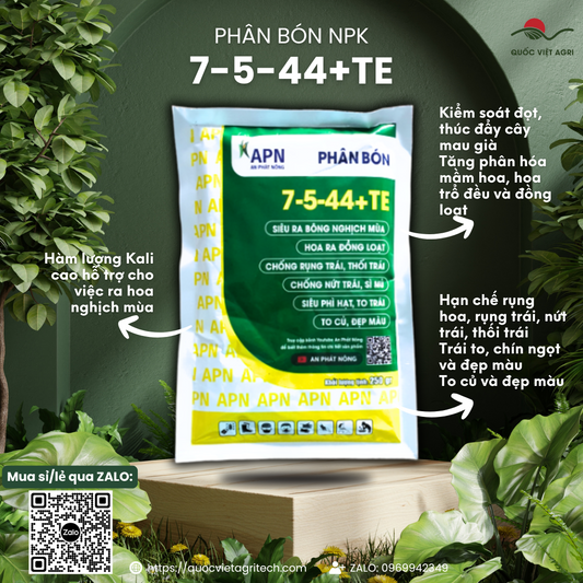 Bao bì phân NPK 7-5-44+TE 250g – màu xanh cam đặc trưng